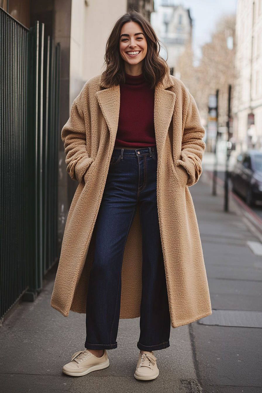 18. Teddy Coat & Wide-Leg Denim (London Outfit Ideas) - London Outfit Ideas